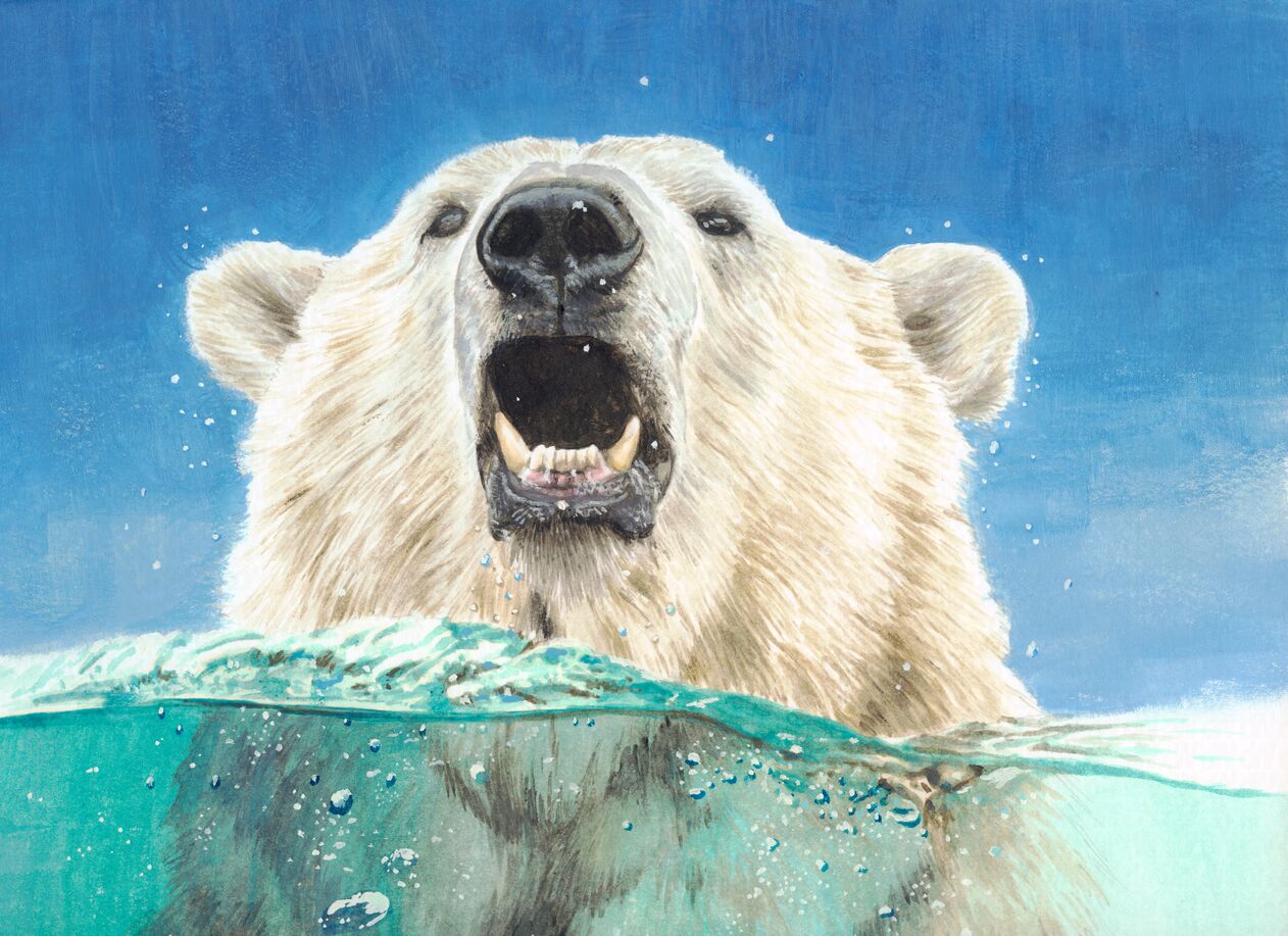 Casein painting of a polar bear sticking its head out of the water